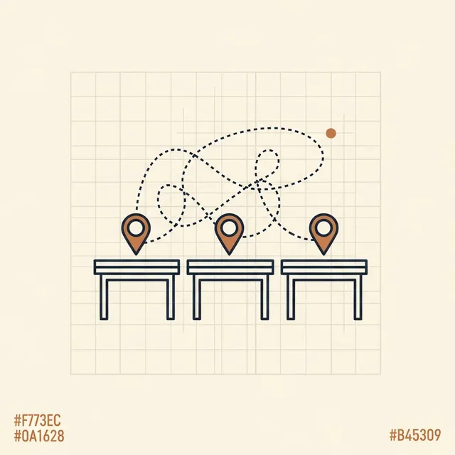 Three desks with tangled, unconnected dotted paths above them.