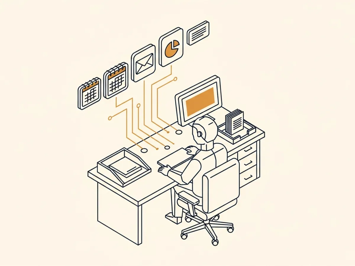 Operator at a desk while connected tools route work into a single output tray.
