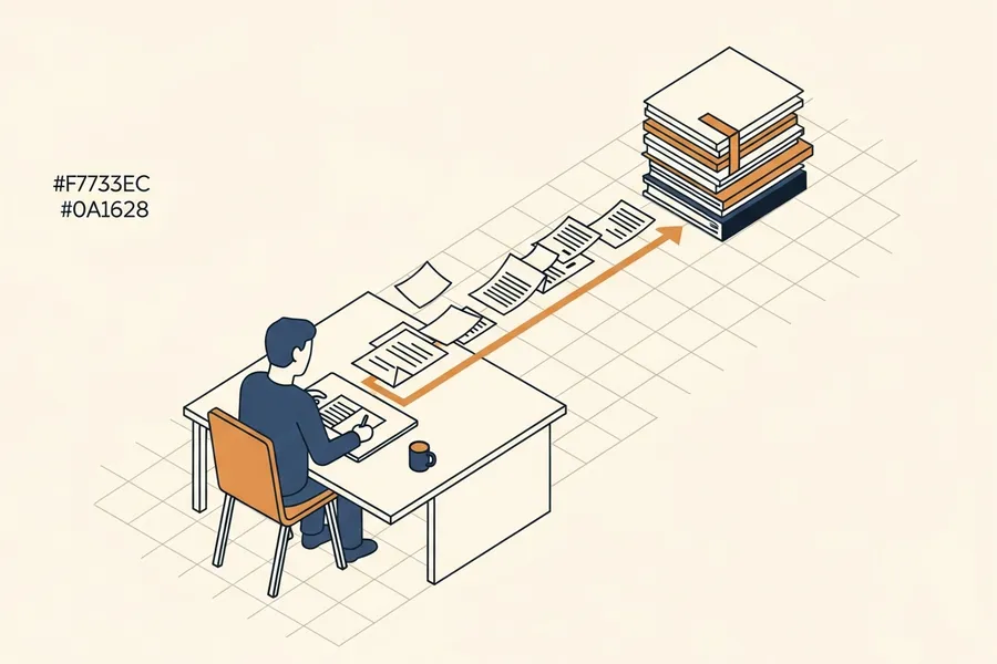 Consultant at a desk with documents flowing into one neat stack.