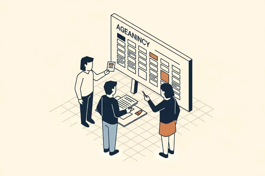 Small agency team around a shared planning board.