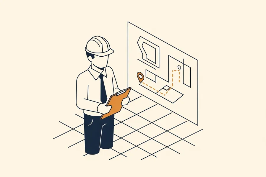 Operations supervisor with clipboard beside a marked site plan.